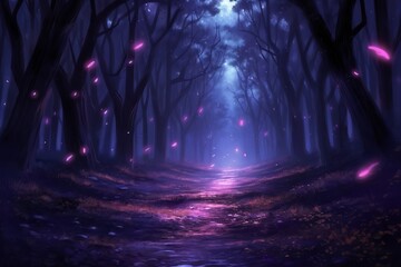 Enchanting forest teeming with fireflies, night ambiance, gentle purple radiance, Generative AI