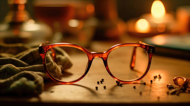 Pair of glasses lying on an old book. The library is in the background. Books and glasses. Generative AI
