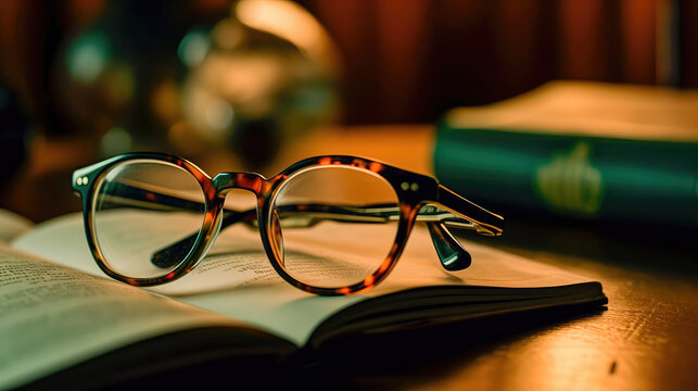 Pair of glasses lying on an old book. The library is in the background. Books and glasses. Generative AI