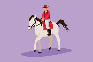 Cartoon flat style drawing of stylized cowboy silhouette riding horse at sunset. Strong and brave wild west hero, Mustang and person outdoor, cowboy and horse icon. Graphic design vector illustration