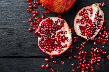 Ripe pomegranate with fresh juicy seeds, on black wooden table, top view - obrazy, fototapety, plakaty