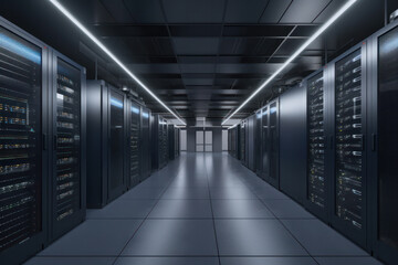 Data center hallway filled with server racks, neatly arranged and equipped with advanced hardware and software. The modern infrastructure ensures fast and secure data processing. Is AI Generative.