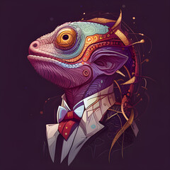 Chameleon in Purple Formal Bow Tie Suit Tuxedo Colorful Intricate Design Motif - Created with Generative AI