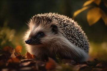 Naklejka na ściany i meble A stunning close-up capturing the joyous spirit of a happy Hedgehog in a park. The image showcases the beauty and charm of this delightful creature in its natural habitat, created with generative A.I.