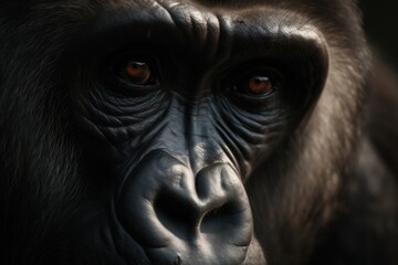 Obraz premium The raw power and captivating beauty of a gorilla captured in a stunning close-up within its natural habitat. Portrays the remarkable essence of the gorilla, created with generative A.I. technology.