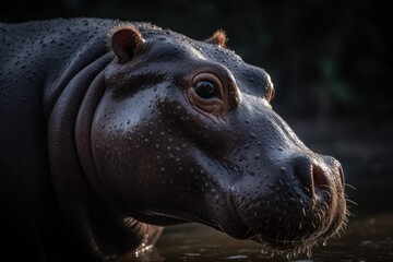 The allure of a hippopotamus through a stunning close-up, encapsulating the unique features of this captivating creature in its natural habitat. Created with generative A.I. technology.