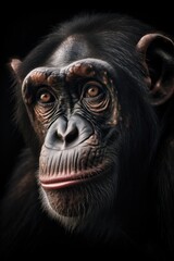 The essence of an incredible primate, the chimpanzee, in a stunning close-up within its natural environment. Showcasing its connection to the wild surroundings. Created with generative A.I. technology