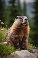 Naklejka na ściany i meble A captivating portrait capturing the active and lively essence of a marmot in its natural environment. The image showcases the playful and charming nature of this, created with generative A.I.