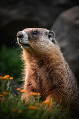 Naklejka na ściany i meble A captivating portrait capturing the active and lively essence of a marmot in its natural environment. The image showcases the playful and charming nature of this, created with generative A.I.