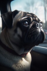 Capturing the adorable face of a pug in a close-up view, looking out of a car window during a ride and facing forward. The image perfectly conveys the joy and curiosity, created with generative A.I.