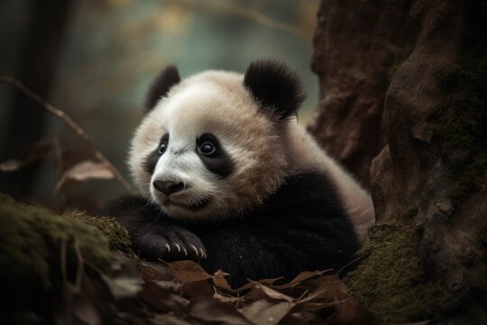 Stunning image capturing a playful Panda baby in its natural environment. The images showcase the adorable features and playful demeanor of this endearing cub, created with generative A.I. technology