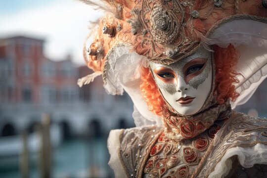 An image of a Venetian Carnival Mask worn by a stylish model, with a blurred cityscape in the background, blending fashion and culture to appeal to a contemporary audience. Generative AI