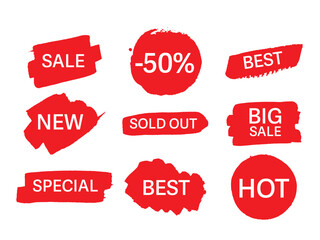 Red Blots stains of new tag label. Sale price promotion discount sticker banner watercolor paint hand drawn style.