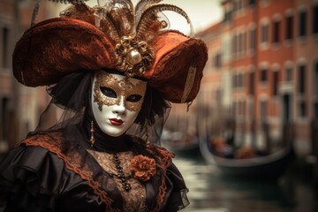 Fototapeta na wymiar An image of a mysterious figure wearing a Venetian Carnival Mask, standing against a backdrop of the iconic Venetian canals and gondolas, evoking the allure and elegance of Venice. Generative AI