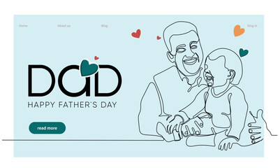 Hugs of a father with a child. One continuous line drawing banner, background, poster with family embrace. Happy Father Day simple vector illustration of child and father. Vector illustration