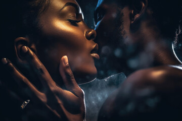 The power of a kiss, sexy beautiful african woman with big lips kissing seductive black man, erotic, glamour, sensual closeup couple kiss, passion concepto AI Generative - obrazy, fototapety, plakaty