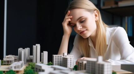 Happy female architect looking at architectural models with buildings and green space. Generative AI AIG21.