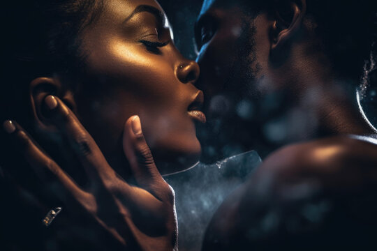 The power of a kiss, sexy beautiful african woman with big lips kissing seductive black man, erotic, glamour, sensual closeup couple kiss, passion concepto AI Generative