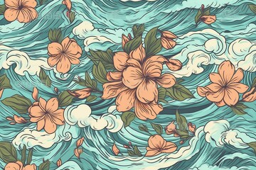 Hawaiian flowers hand drawn with blue ocean in the background. Generative AI AIG18. - obrazy, fototapety, plakaty