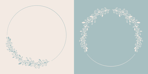 Zestaw dwóch okrągłych ramek wektorowych w minimalistycznym stylu z subtelną dekoracją z liści. Idealne dla osób ceniących prostotę i elegancję. - obrazy, fototapety, plakaty
