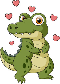 Cute baby crocodile cartoon with red hearts