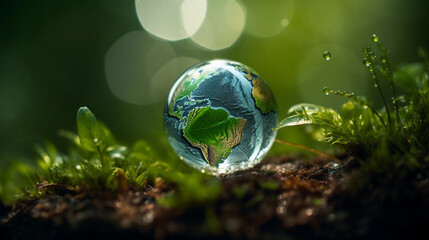 Glass earth globe on soil among green plants. Environmental protection and conservation of resources. Earth Day. AI generative