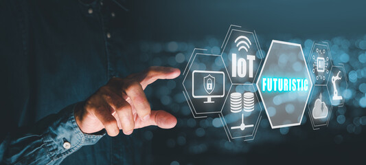 Futuristic concept, Person hand touching futuristic icon on virtual screen with blue bokeh background, IOT, cyber security, big data, Cloud computing, Ai, and automation