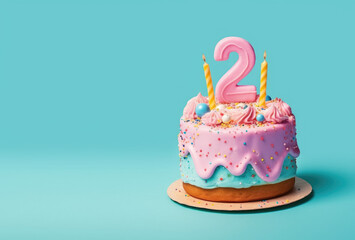 Special Celebration. Delight in an exquisite birthday cake, marking two years, on a charming pastel background. Copy space. Memorable moments 2nd birthday AI Generative
