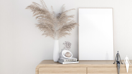Blank wooden poster frame mockup. placed on wooden low cabinet furniture Vase of dried flower, book, a vase, sculpture, white room background, cream, and natural light from the window. 3D render