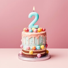 Special Celebration. Delight in an exquisite birthday cake, marking two years, on a charming pastel background. Copy space. Memorable moments 2nd birthday AI Generative