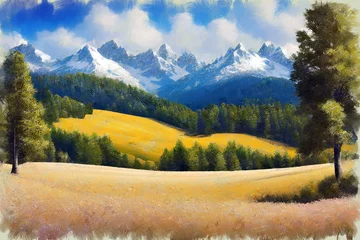 Zelfklevend Fotobehang Modern impressionist oil painting sketch of scenic mountain landscape with colorful grass fields, foothill forest and mount peaks on background. My own digital art illustration of countryside scenery. © marsea