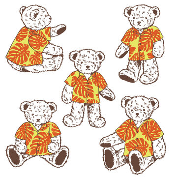 Collection of cute bears wearing Aloha shirts,