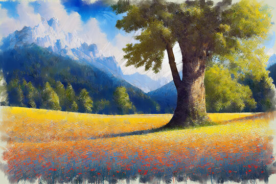 Modern impressionist oil painting sketch of picturesque mountain landscape with single tree on flowering field and foothill forest on background. My own digital art illustration of peaceful scenery.