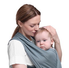 Mother holding her child in baby wrap on white background