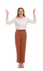 Full length portrait of beautiful emotional business woman on white background