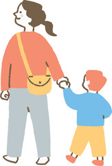 手を繋ぐお母さんと子どもの後ろ姿_色