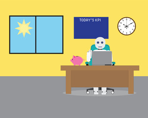 A vector of artificial intelligence robot at office builoding. Robot replace human at work