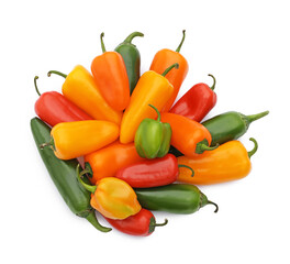 Different hot chili peppers isolated on white, top view