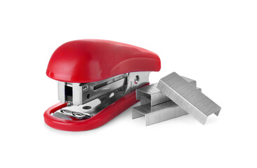 Bright red stapler with staples isolated on white