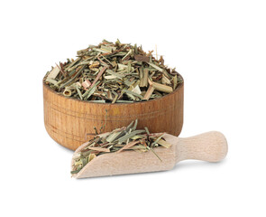 Wooden bowl and scoop of aromatic dried lemongrass isolated on white