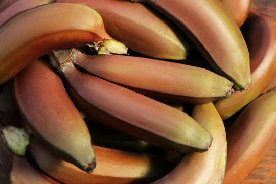 Delicious purple bananas as background, top view