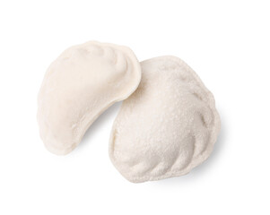 Raw dumplings (varenyky) with tasty filling on white background, top view