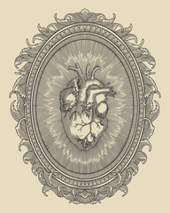 vector illustration of an antique human heart with engraving frame and ornament
