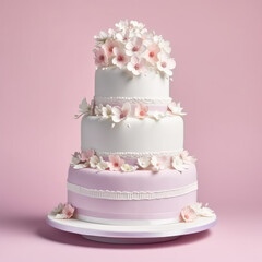 Wedding Delight. Capture the romance with a stunning wedding cake, standing alone on a pastel backdrop, creating an enchanting atmosphere AI Generative