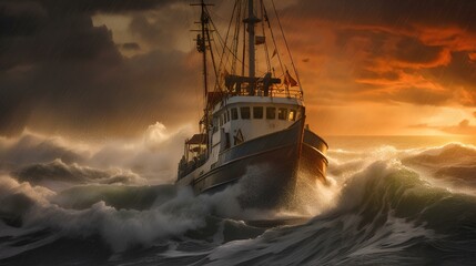 a fishing trawler in trouble during a heavy storm with fierce high waves around sunset off the bering strait. generative AI - obrazy, fototapety, plakaty