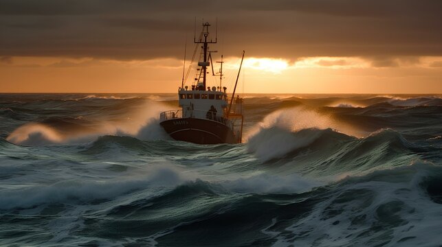 a fishing trawler in trouble during a heavy storm with fierce high waves around sunset off the bering strait. generative AI