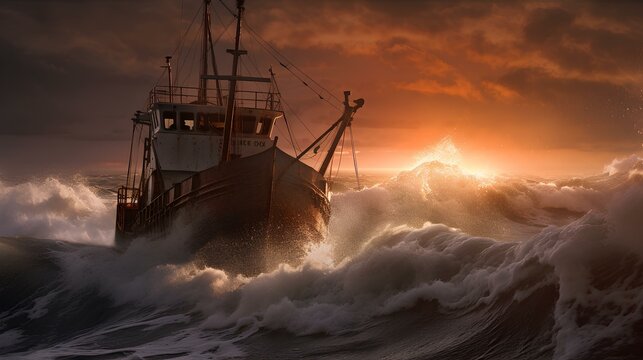 a fishing trawler in trouble during a heavy storm with fierce high waves around sunset off the bering strait. generative AI