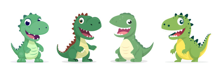Vector Cute Kind Baby Kid Smiling Dinosaur Set. Happy Cartoon Green Dinosaur Tyrannosaurus Rex, Tyrex Collection in Flat Style Isolated