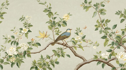 Chinoiserie wallpaper depicting a bird on a tree with small  flowers based on generative AI