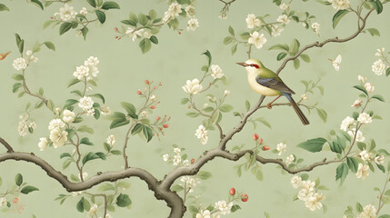 Chinoiserie wallpaper depicting a bird on a tree with small  flowers based on generative AI